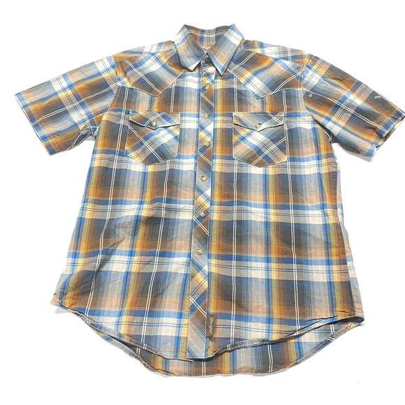 Wrangler Other - Wrangler Retro Western Mens Medium M Brown Plaid Pearl Snap Short Sleeve READ